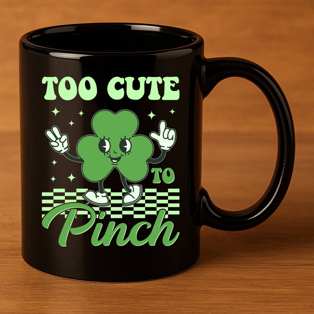 St Patricks Day Too Cute To Pinch Retro Cartoon Shamrock Clover 11oz C Handle Ceramic Mug