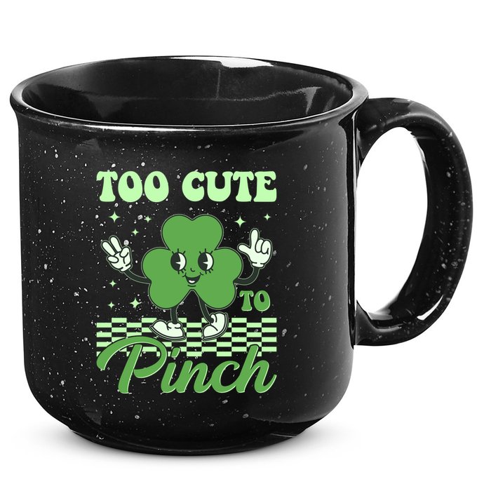 St Patricks Day Too Cute To Pinch Retro Cartoon Shamrock Clover 15oz Campfire Ceramic Mug