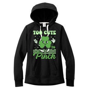 St Patricks Day Too Cute To Pinch Retro Cartoon Shamrock Clover Women's Fleece Hoodie