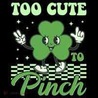 St Patricks Day Too Cute To Pinch Retro Cartoon Shamrock Clover Sustainable Beanie