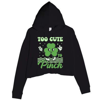 St Patricks Day Too Cute To Pinch Retro Cartoon Shamrock Clover Crop Fleece Hoodie