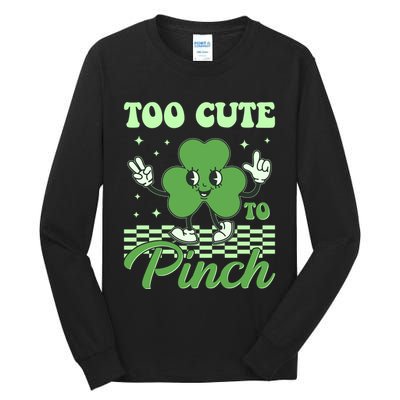 St Patricks Day Too Cute To Pinch Retro Cartoon Shamrock Clover Tall Long Sleeve T-Shirt