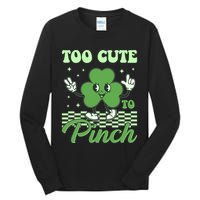St Patricks Day Too Cute To Pinch Retro Cartoon Shamrock Clover Tall Long Sleeve T-Shirt