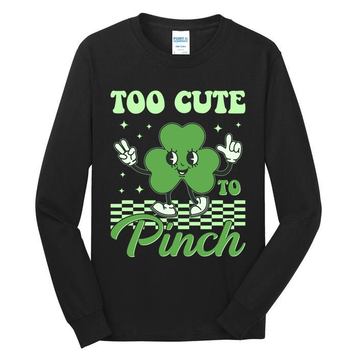 St Patricks Day Too Cute To Pinch Retro Cartoon Shamrock Clover Tall Long Sleeve T-Shirt