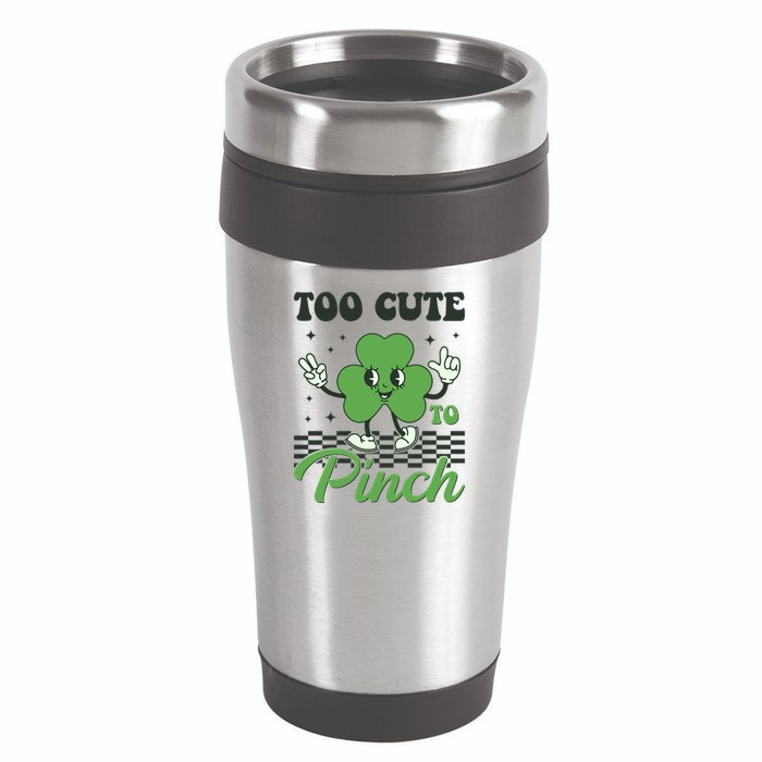 St Patricks Day Too Cute To Pinch Retro Cartoon Shamrock Clover 16oz Travel Tumbler