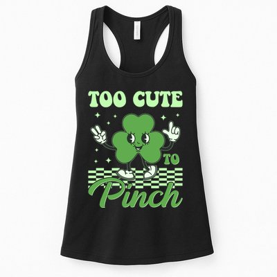 St Patricks Day Too Cute To Pinch Retro Cartoon Shamrock Clover Womens Tank Top