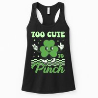 St Patricks Day Too Cute To Pinch Retro Cartoon Shamrock Clover Womens Tank Top
