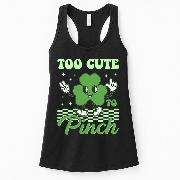 St Patricks Day Too Cute To Pinch Retro Cartoon Shamrock Clover Womens Tank Top