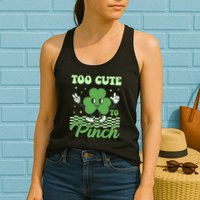 St Patricks Day Too Cute To Pinch Retro Cartoon Shamrock Clover Womens Tank Top