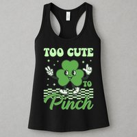 St Patricks Day Too Cute To Pinch Retro Cartoon Shamrock Clover Womens Tank Top
