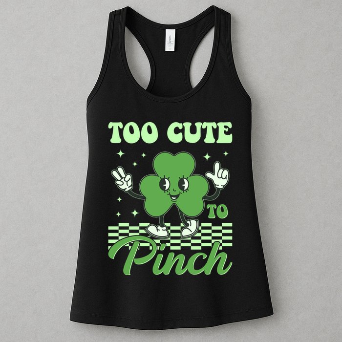 St Patricks Day Too Cute To Pinch Retro Cartoon Shamrock Clover Womens Tank Top
