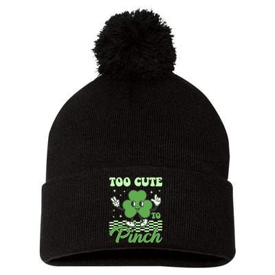 St Patricks Day Too Cute To Pinch Retro Cartoon Shamrock Clover Pom Pom 12in Knit Beanie