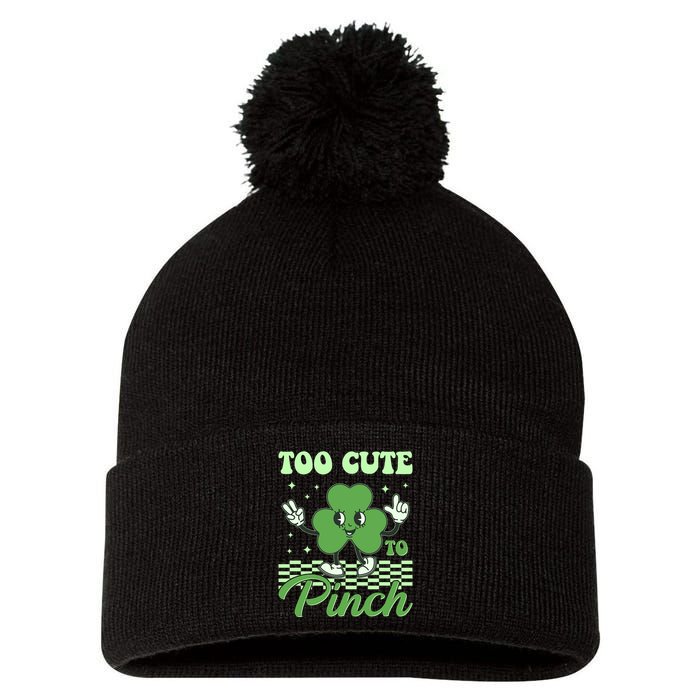 St Patricks Day Too Cute To Pinch Retro Cartoon Shamrock Clover Pom Pom 12in Knit Beanie