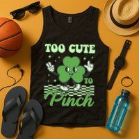 St Patricks Day Too Cute To Pinch Retro Cartoon Shamrock Clover Tank Top