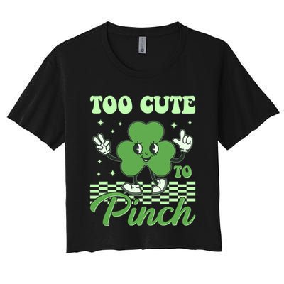 St Patricks Day Too Cute To Pinch Retro Cartoon Shamrock Clover Crop Top