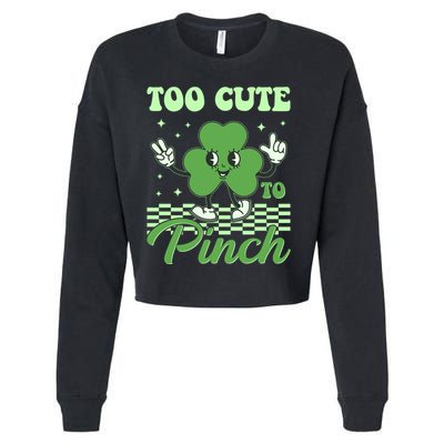 St Patricks Day Too Cute To Pinch Retro Cartoon Shamrock Clover Cropped Pullover Crew