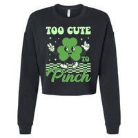 St Patricks Day Too Cute To Pinch Retro Cartoon Shamrock Clover Cropped Pullover Crew