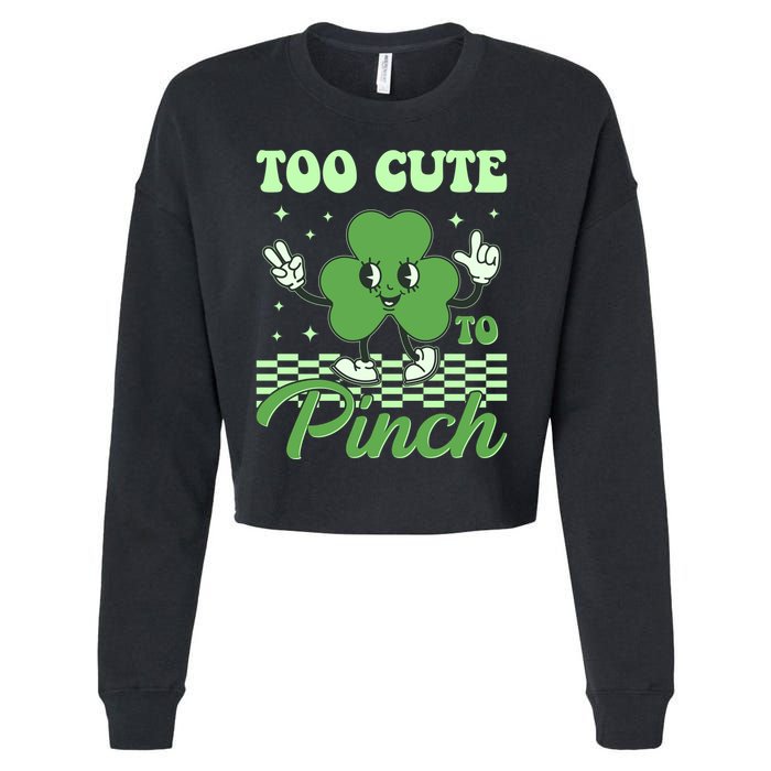 St Patricks Day Too Cute To Pinch Retro Cartoon Shamrock Clover Cropped Pullover Crew