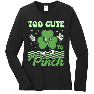 St Patricks Day Too Cute To Pinch Retro Cartoon Shamrock Clover Ladies Long Sleeve Shirt