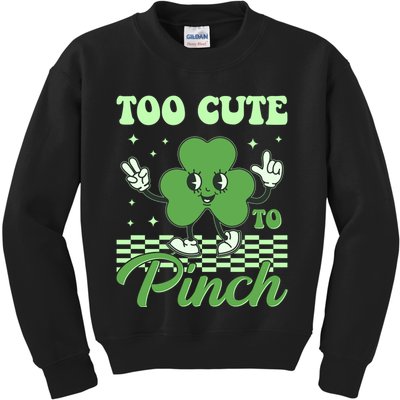 St Patricks Day Too Cute To Pinch Retro Cartoon Shamrock Clover Kids Sweatshirt