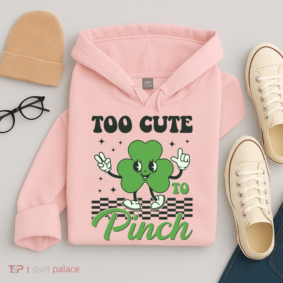 St Patricks Day Too Cute To Pinch Retro Cartoon Shamrock Clover Hoodie