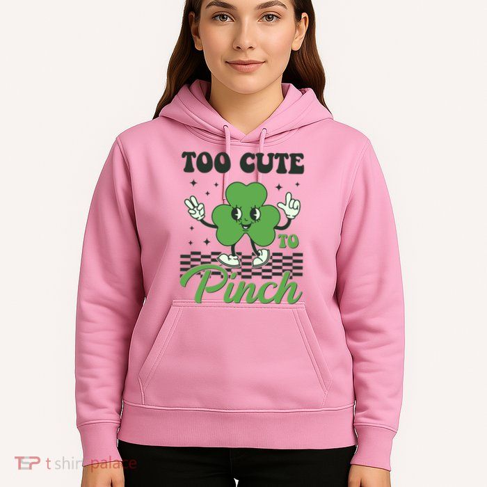 St Patricks Day Too Cute To Pinch Retro Cartoon Shamrock Clover Hoodie