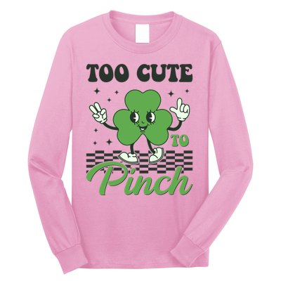 St Patricks Day Too Cute To Pinch Retro Cartoon Shamrock Clover Long Sleeve Shirt