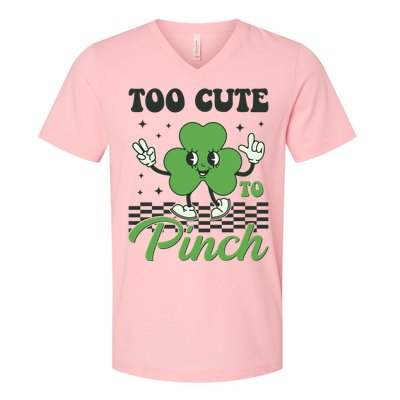 St Patricks Day Too Cute To Pinch Retro Cartoon Shamrock Clover V-Neck T-Shirt