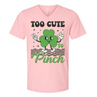 St Patricks Day Too Cute To Pinch Retro Cartoon Shamrock Clover V-Neck T-Shirt