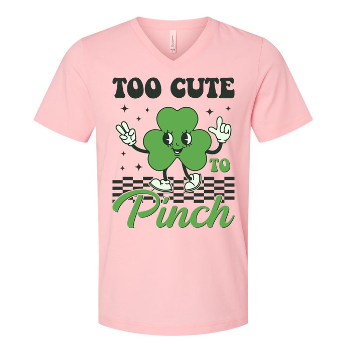St Patricks Day Too Cute To Pinch Retro Cartoon Shamrock Clover V-Neck T-Shirt