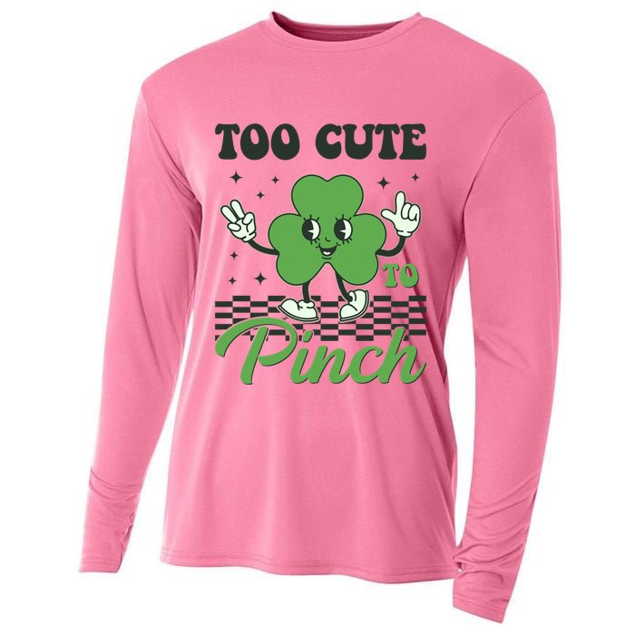 St Patricks Day Too Cute To Pinch Retro Cartoon Shamrock Clover Cooling Performance Long Sleeve Crew