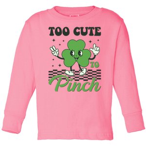 St Patricks Day Too Cute To Pinch Retro Cartoon Shamrock Clover Toddler Long Sleeve Shirt