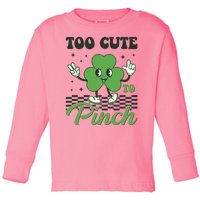 St Patricks Day Too Cute To Pinch Retro Cartoon Shamrock Clover Toddler Long Sleeve Shirt