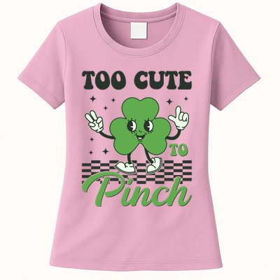 St Patricks Day Too Cute To Pinch Retro Cartoon Shamrock Clover Womens T-Shirt
