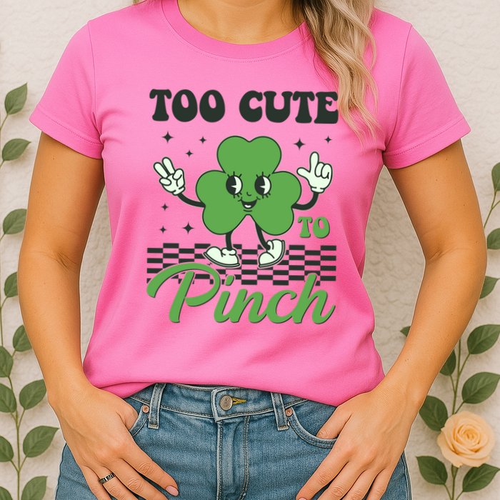 St Patricks Day Too Cute To Pinch Retro Cartoon Shamrock Clover Womens T-Shirt
