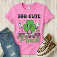 St Patricks Day Too Cute To Pinch Retro Cartoon Shamrock Clover Womens T-Shirt