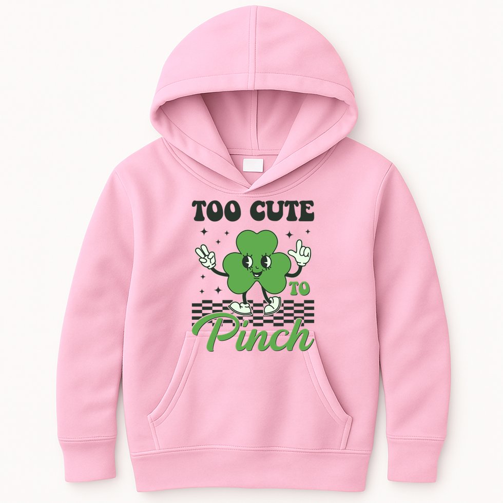 St Patricks Day Too Cute To Pinch Retro Cartoon Shamrock Clover Kids Hoodie