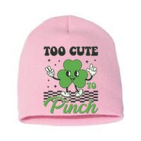 St Patricks Day Too Cute To Pinch Retro Cartoon Shamrock Clover Short Acrylic Beanie