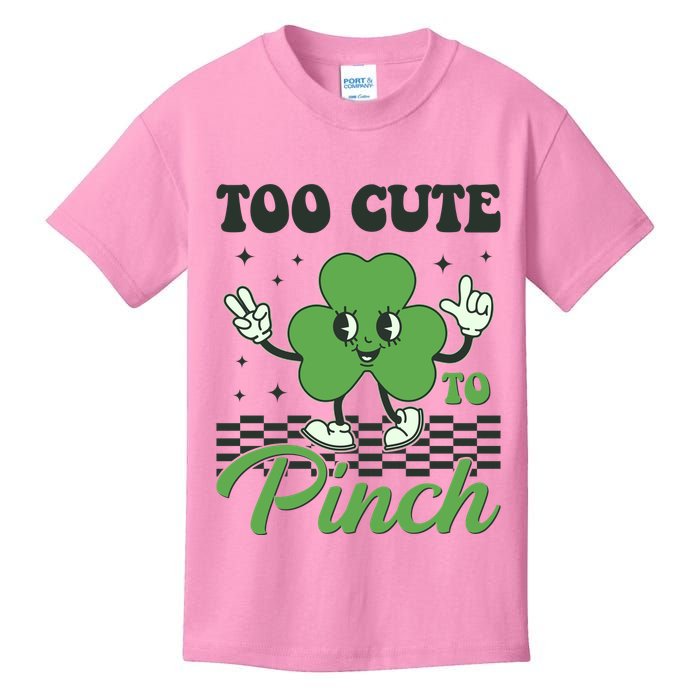 St Patricks Day Too Cute To Pinch Retro Cartoon Shamrock Clover Kids T-Shirt