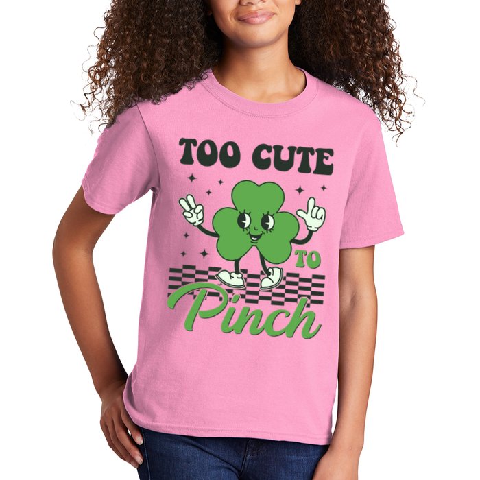 St Patricks Day Too Cute To Pinch Retro Cartoon Shamrock Clover Kids T-Shirt