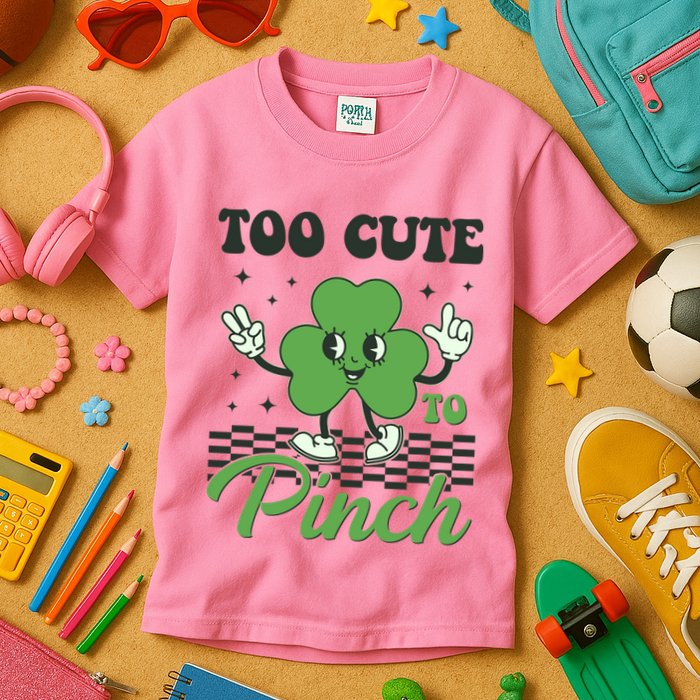 St Patricks Day Too Cute To Pinch Retro Cartoon Shamrock Clover Kids T-Shirt