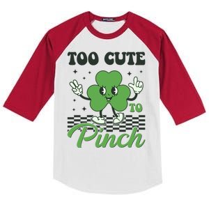 St Patricks Day Too Cute To Pinch Retro Cartoon Shamrock Clover Kids Colorblock Raglan Jersey