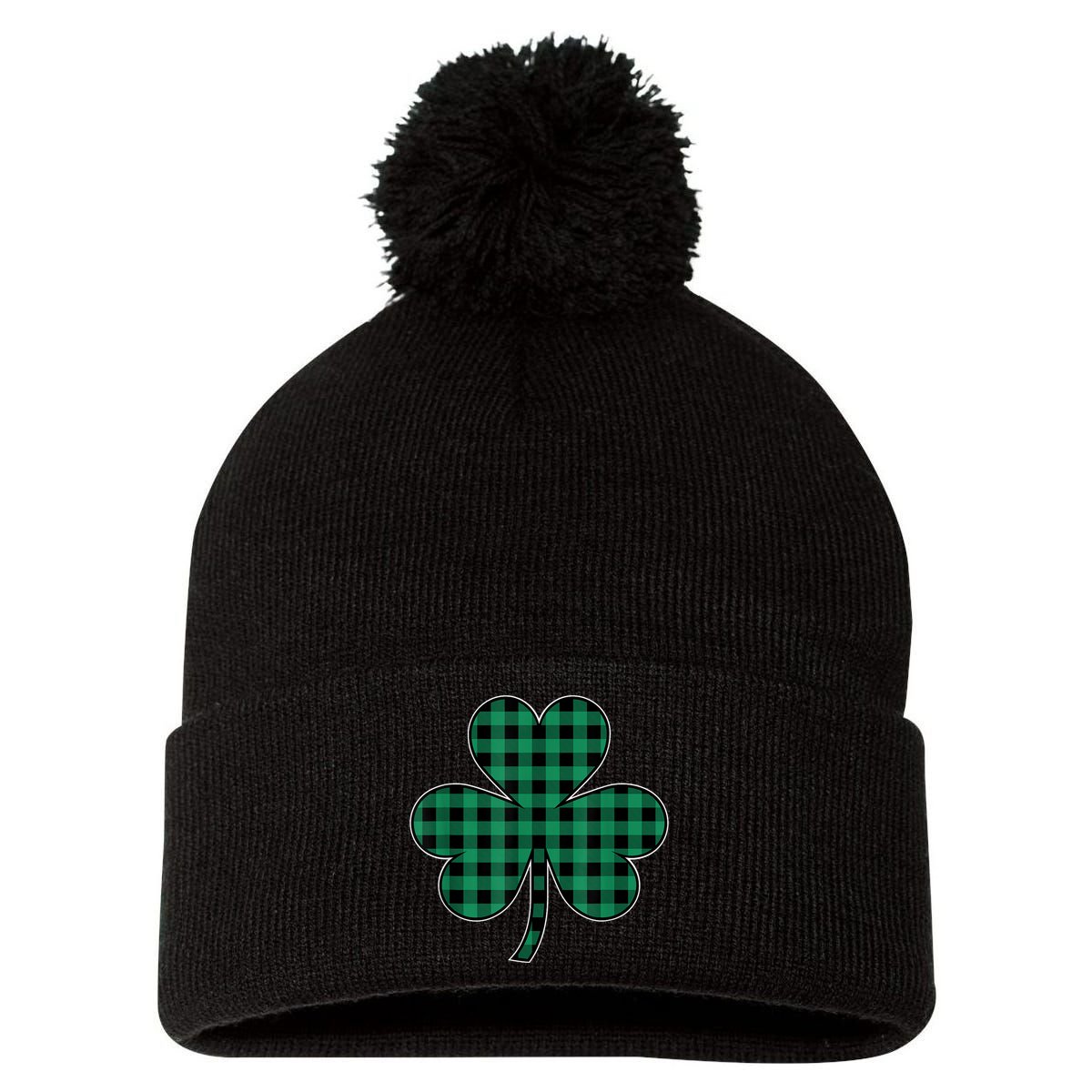 St Patricks Day Shirt Irish Wo  Plaid Graphic Shamrock Pom Pom 12in Knit Beanie