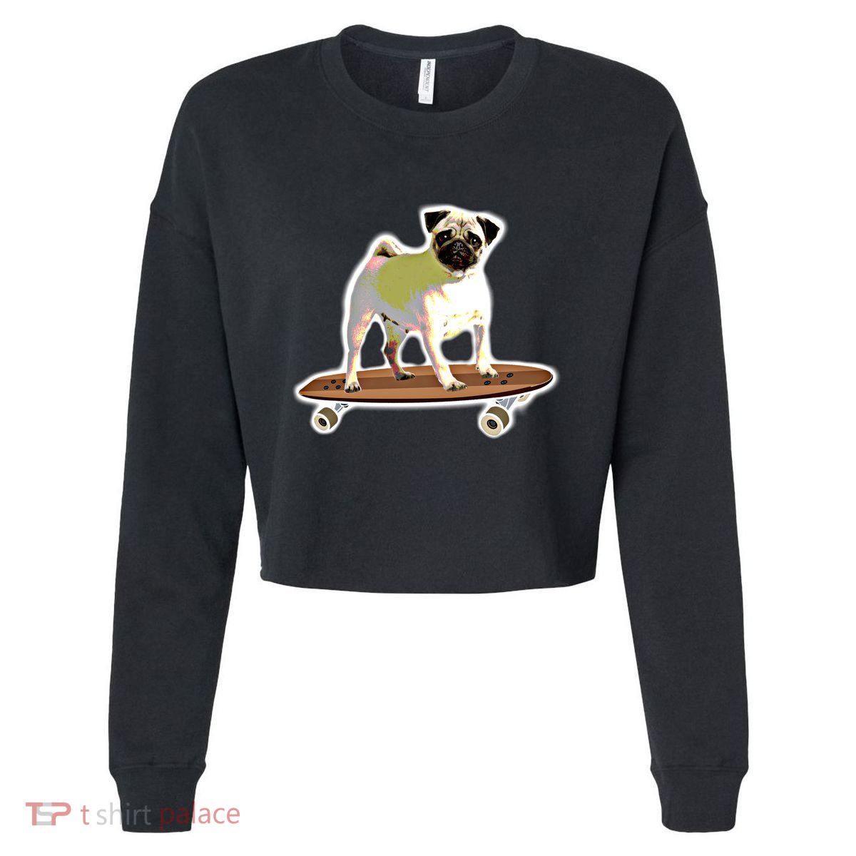 Skateboarding Pug Dog Riding Skateboard Skater Gift Cropped Pullover Crew