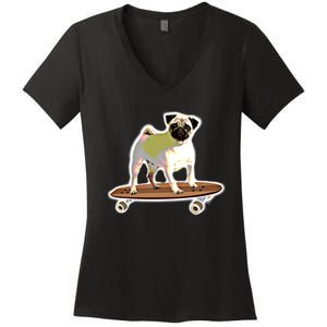 Skateboarding Pug Dog Riding Skateboard Skater Gift Women's V-Neck T-Shirt