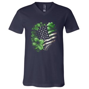 St Patricks Day Shamrock American Flag Retro V-Neck T-Shirt