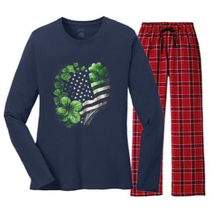 St Patricks Day Shamrock American Flag Retro Women's Long Sleeve Flannel Pajama Set 