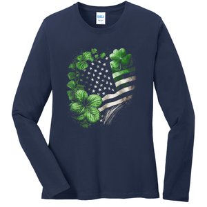 St Patricks Day Shamrock American Flag Retro Ladies Long Sleeve Shirt