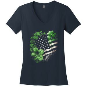 St Patricks Day Shamrock American Flag Retro Women's V-Neck T-Shirt