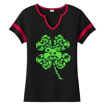 St Patricks Day Shamrock Clover Video Game Controllers Gamer Ladies Halftime Notch Neck Tee